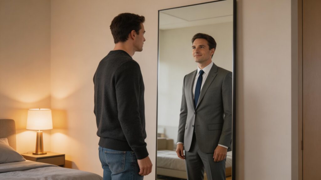 Man practicing self-affirmation in mirror