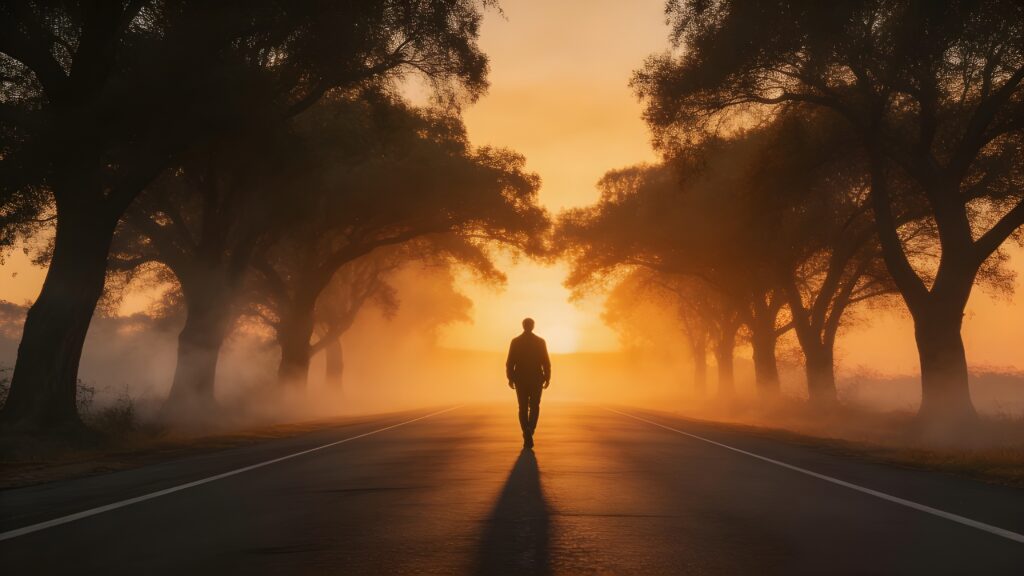 Person walking toward the horizon symbolizing new beginning